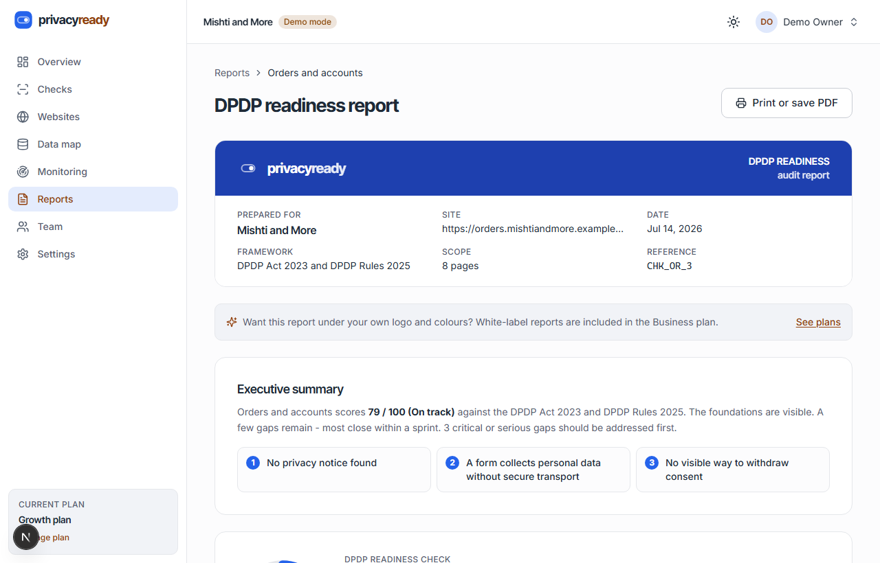 A PrivacyReady readiness report: score, executive summary, and gaps mapped to sections of the DPDP Act